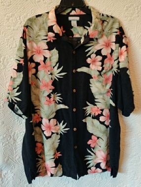 Hawaiian Breakwater Tropical Floral Men's Short Sleeve Wooden Buttons Size XL